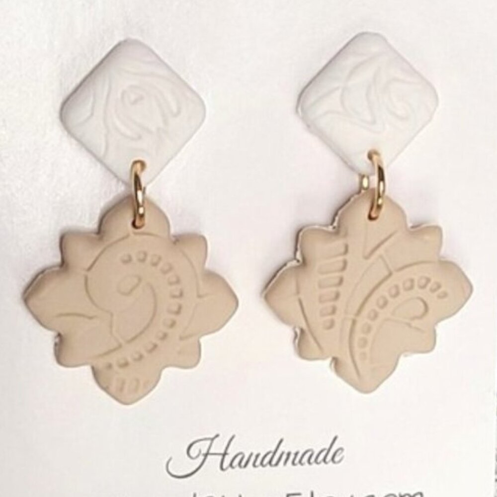 Beautiful Handmade Clay Tan Taupe Colourblock Drop Statement Earrings